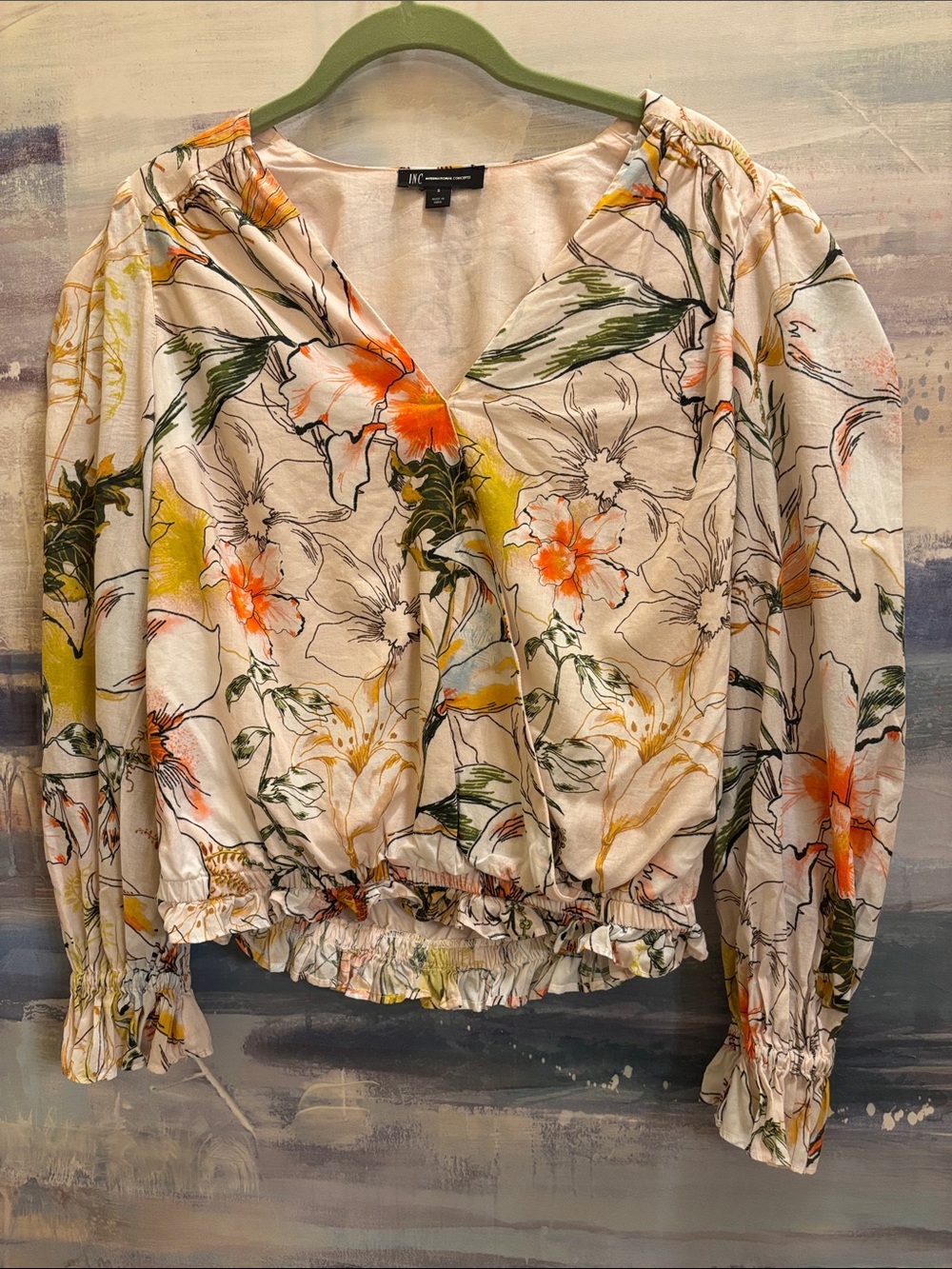 INC International Concepts Cream Floral V-Neck Blouson Top
